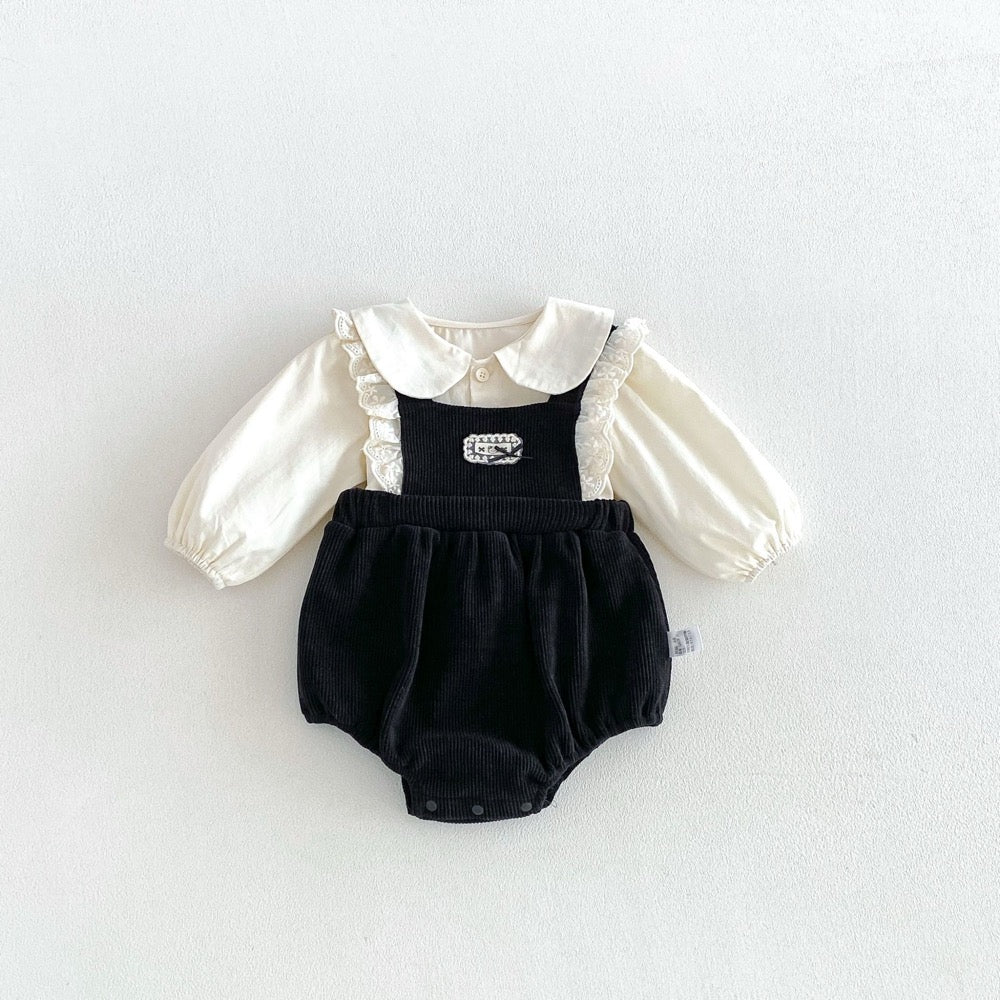 Baby Kids Girls Long Sleeves Apricot Shirt and Lace Trim Sleeveless Onesies Overalls 2-Piece Clothing Set