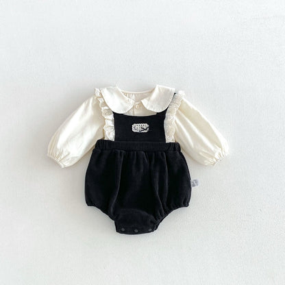 Baby Kids Girls Long Sleeves Apricot Shirt and Lace Trim Sleeveless Onesies Overalls 2-Piece Clothing Set