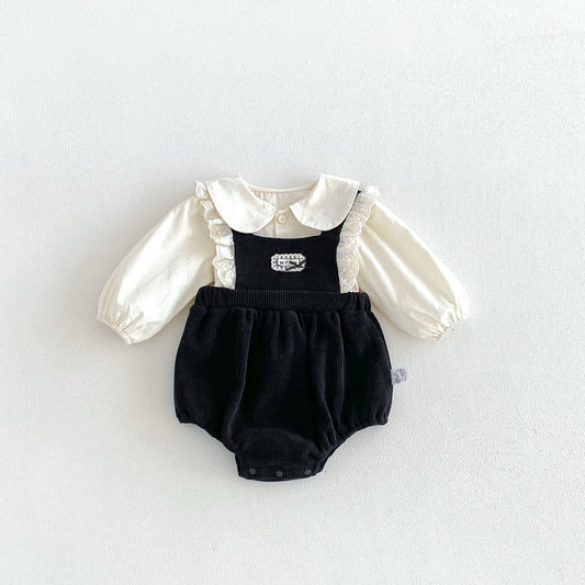 Baby Kids Girls Long Sleeves Apricot Shirt and Lace Trim Sleeveless Onesies Overalls 2-Piece Clothing Set