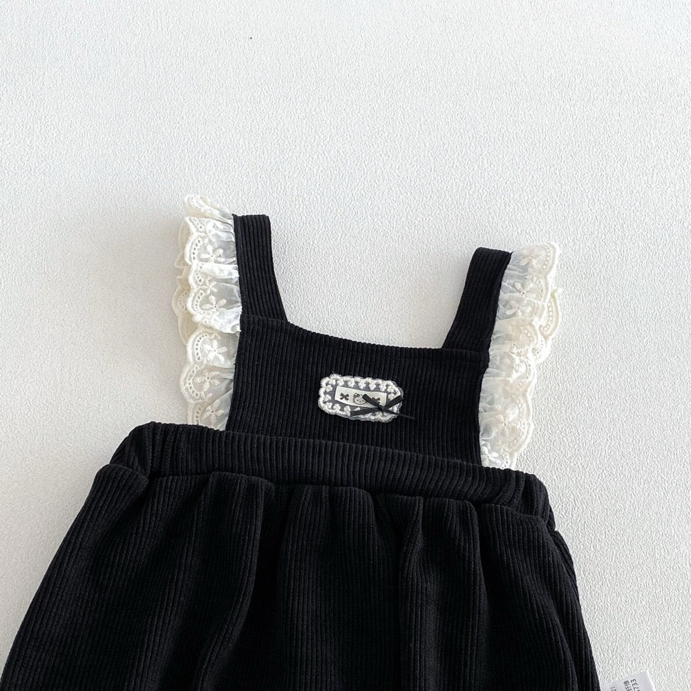 Baby Kids Girls Long Sleeves Apricot Shirt and Lace Trim Sleeveless Onesies Overalls 2-Piece Clothing Set
