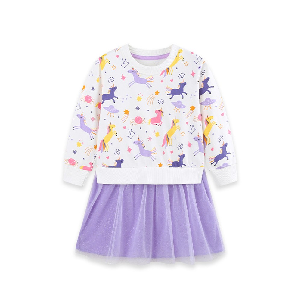 Baby Kids Girls Long Sleeves Cartoon Pattern Color Patchwork Dress