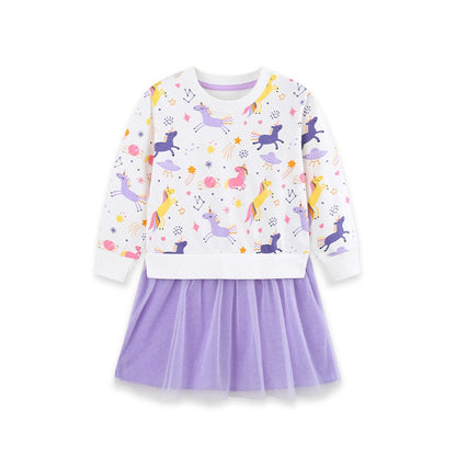 Baby Kids Girls Long Sleeves Cartoon Pattern Color Patchwork Dress
