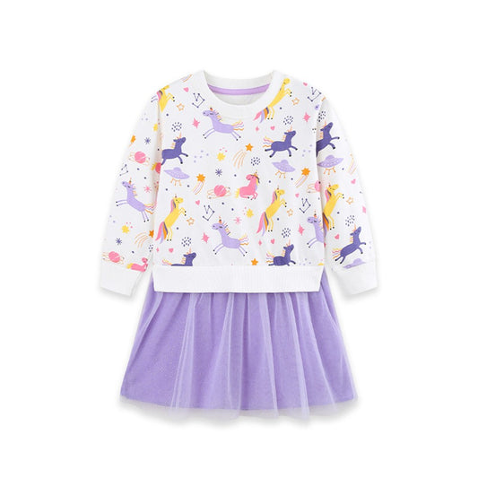 Baby Kids Girls Long Sleeves Cartoon Pattern Color Patchwork Dress