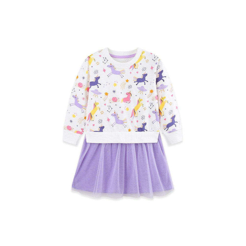Baby Kids Girls Long Sleeves Cartoon Pattern Color Patchwork Dress