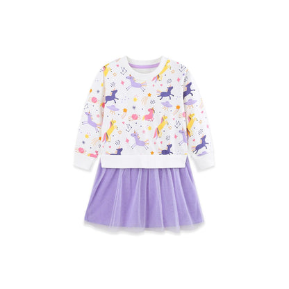 Baby Kids Girls Long Sleeves Cartoon Pattern Color Patchwork Dress