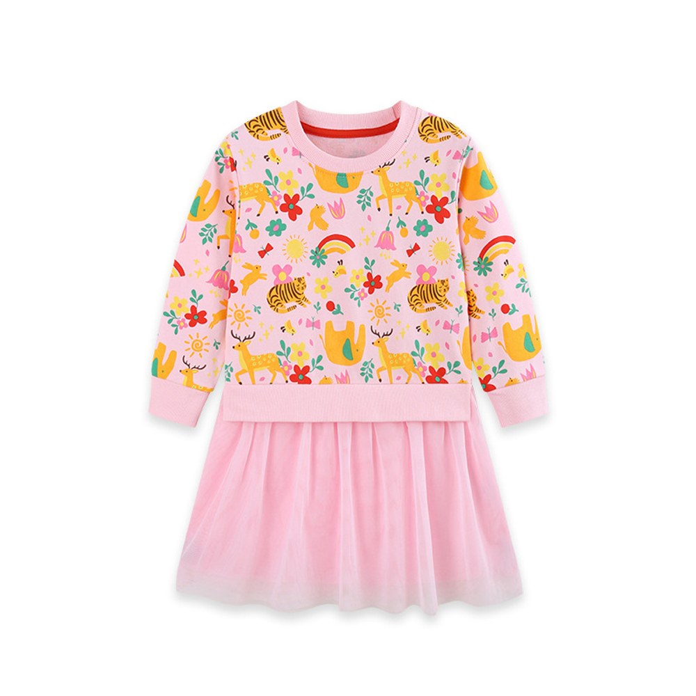 Baby Kids Girls Long Sleeves Cartoon Pattern Tulle Patchwork Dress
