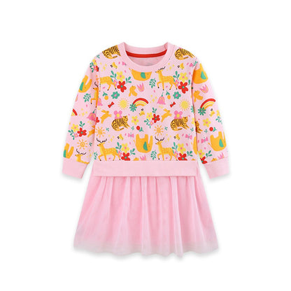 Baby Kids Girls Long Sleeves Cartoon Pattern Tulle Patchwork Dress
