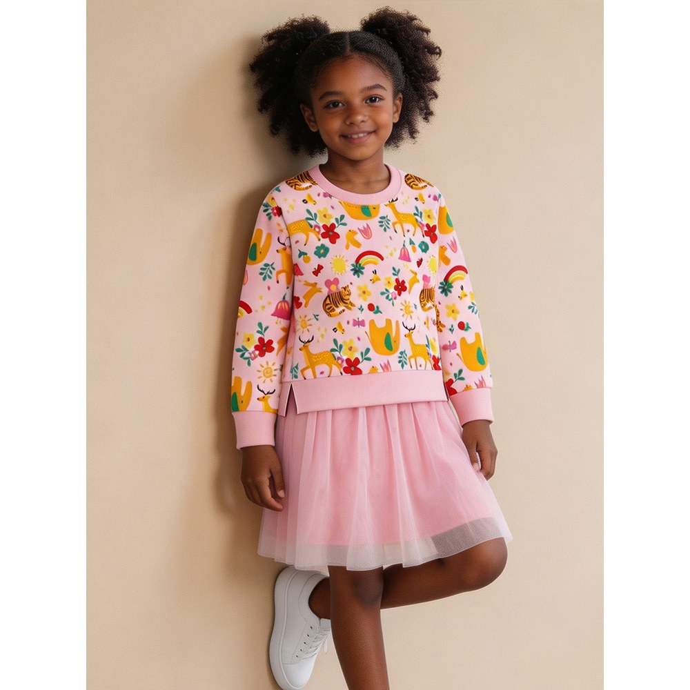 Baby Kids Girls Long Sleeves Cartoon Pattern Tulle Patchwork Dress