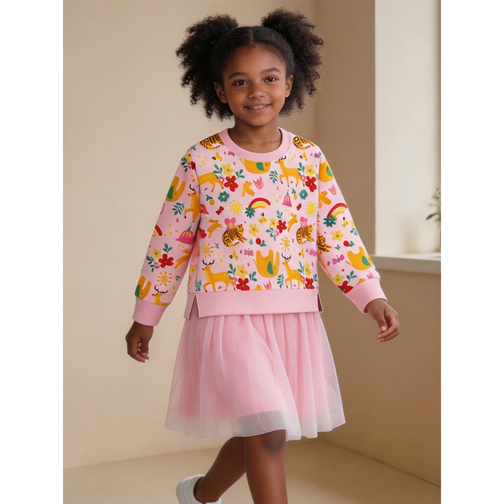 Baby Kids Girls Long Sleeves Cartoon Pattern Tulle Patchwork Dress