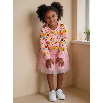 Baby Kids Girls Long Sleeves Cartoon Pattern Tulle Patchwork Dress