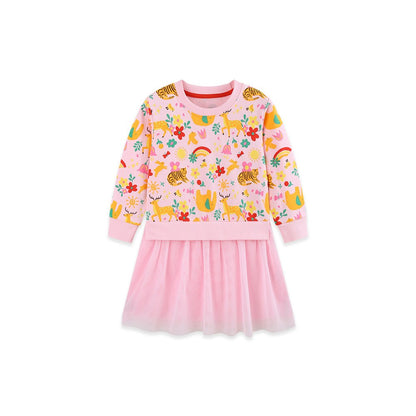 Baby Kids Girls Long Sleeves Cartoon Pattern Tulle Patchwork Dress
