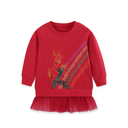 Baby Kids Girls Long Sleeves Cartoon Pattern Tulle Patchwork Sweatshirt