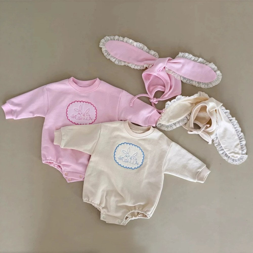 Baby Girls Long Sleeves Simple Rabbits Pattern Onesies with Hat