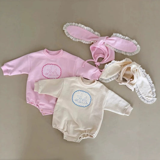Baby Girls Long Sleeves Simple Rabbits Pattern Onesies with Hat