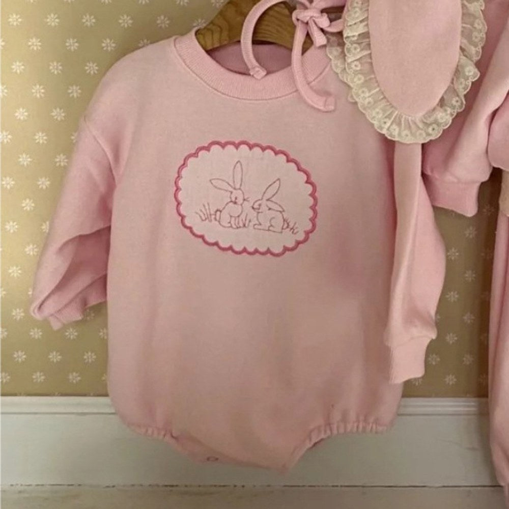 Baby Girls Long Sleeves Simple Rabbits Pattern Onesies with Hat