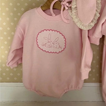 Baby Girls Long Sleeves Simple Rabbits Pattern Onesies with Hat