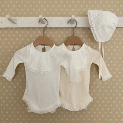 Baby Girls Long Sleeves Simple Lace Trim Waffle Grid Onesies with Hat