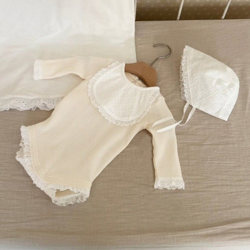 Baby Girls Long Sleeves Simple Lace Trim Waffle Grid Onesies with Hat