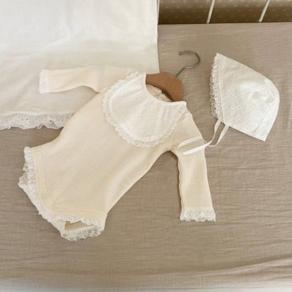 Baby Girls Long Sleeves Simple Lace Trim Waffle Grid Onesies with Hat