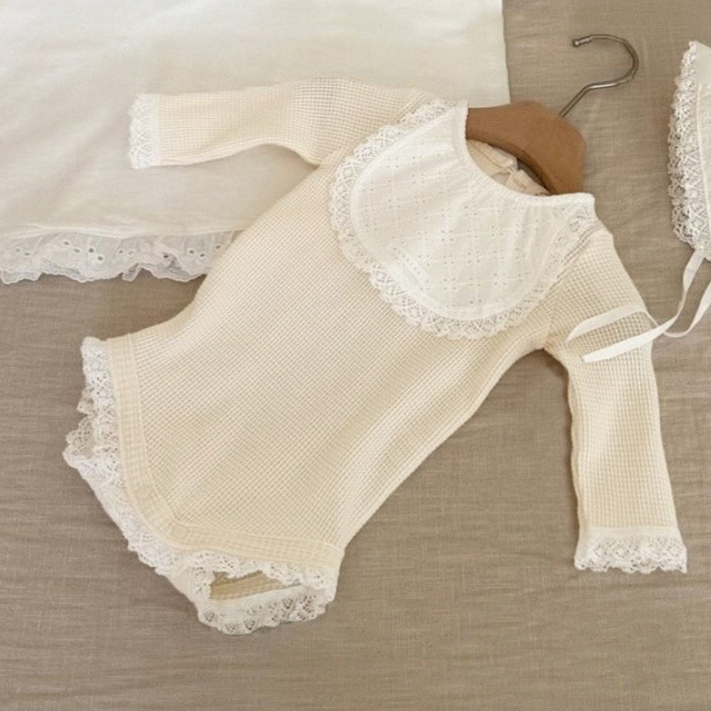 Baby Girls Long Sleeves Simple Lace Trim Waffle Grid Onesies with Hat