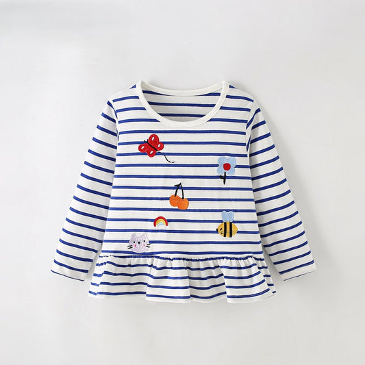 Baby Kids Girls Striped and Cartoon Pattern Long Sleeves Top