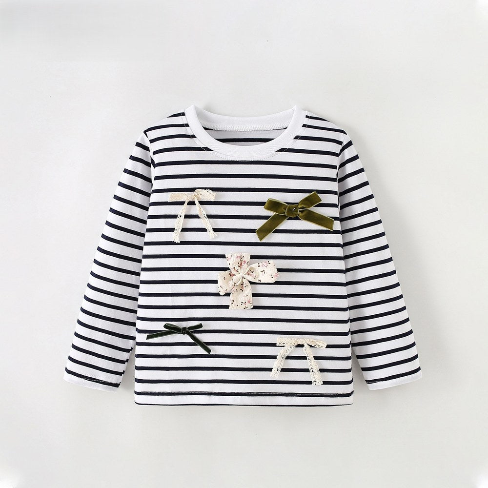 Baby Kids Girls Striped and Butterfly-bows Pattern Long Sleeves Top