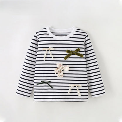 Baby Kids Girls Striped and Butterfly-bows Pattern Long Sleeves Top