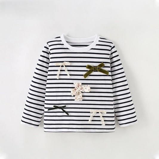 Baby Kids Girls Striped and Butterfly-bows Pattern Long Sleeves Top