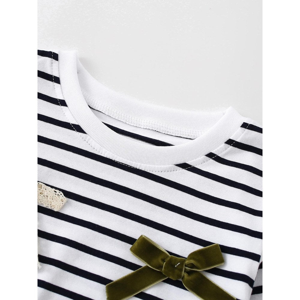 Baby Kids Girls Striped and Butterfly-bows Pattern Long Sleeves Top