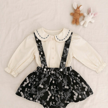 Baby Kids Girls Long Sleeves Apricot Shirt and Flowers Embroidered Sleeveless Bodysuit Overalls 2-Piece Clothing Set
