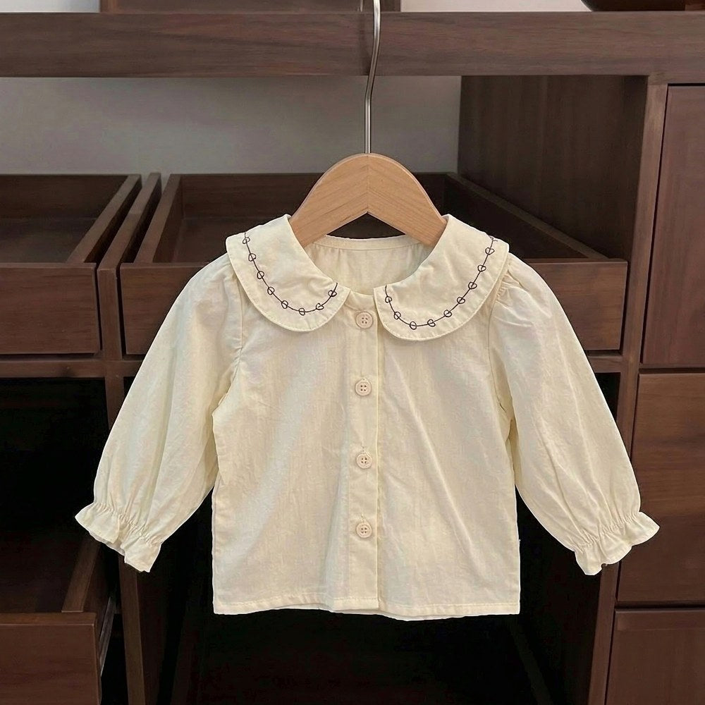 Baby Kids Girls Long Sleeves Apricot Shirt and Flowers Embroidered Sleeveless Bodysuit Overalls 2-Piece Clothing Set