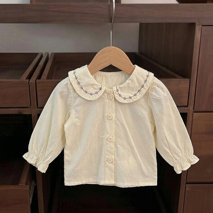 Baby Kids Girls Long Sleeves Apricot Shirt and Flowers Embroidered Sleeveless Bodysuit Overalls 2-Piece Clothing Set