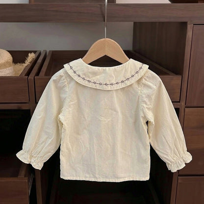 Baby Kids Girls Long Sleeves Apricot Shirt and Flowers Embroidered Sleeveless Bodysuit Overalls 2-Piece Clothing Set