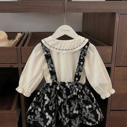 Baby Kids Girls Long Sleeves Apricot Shirt and Flowers Embroidered Sleeveless Bodysuit Overalls 2-Piece Clothing Set