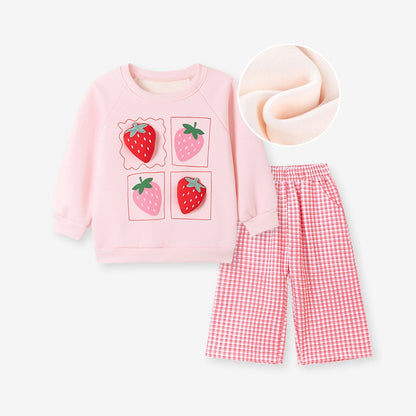 Baby Kids Girls Fruits Pattern Long Sleeves Thick Sweatshirt and Plaid Pants 2-piece Clothing Set