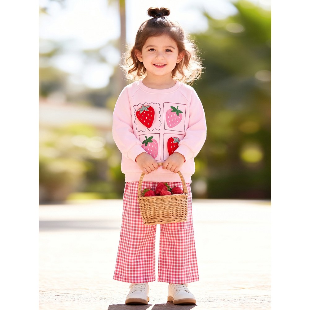 Baby Kids Girls Fruits Pattern Long Sleeves Thick Sweatshirt and Plaid Pants 2-piece Clothing Set