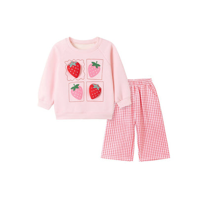 Baby Kids Girls Fruits Pattern Long Sleeves Thick Sweatshirt and Plaid Pants 2-piece Clothing Set