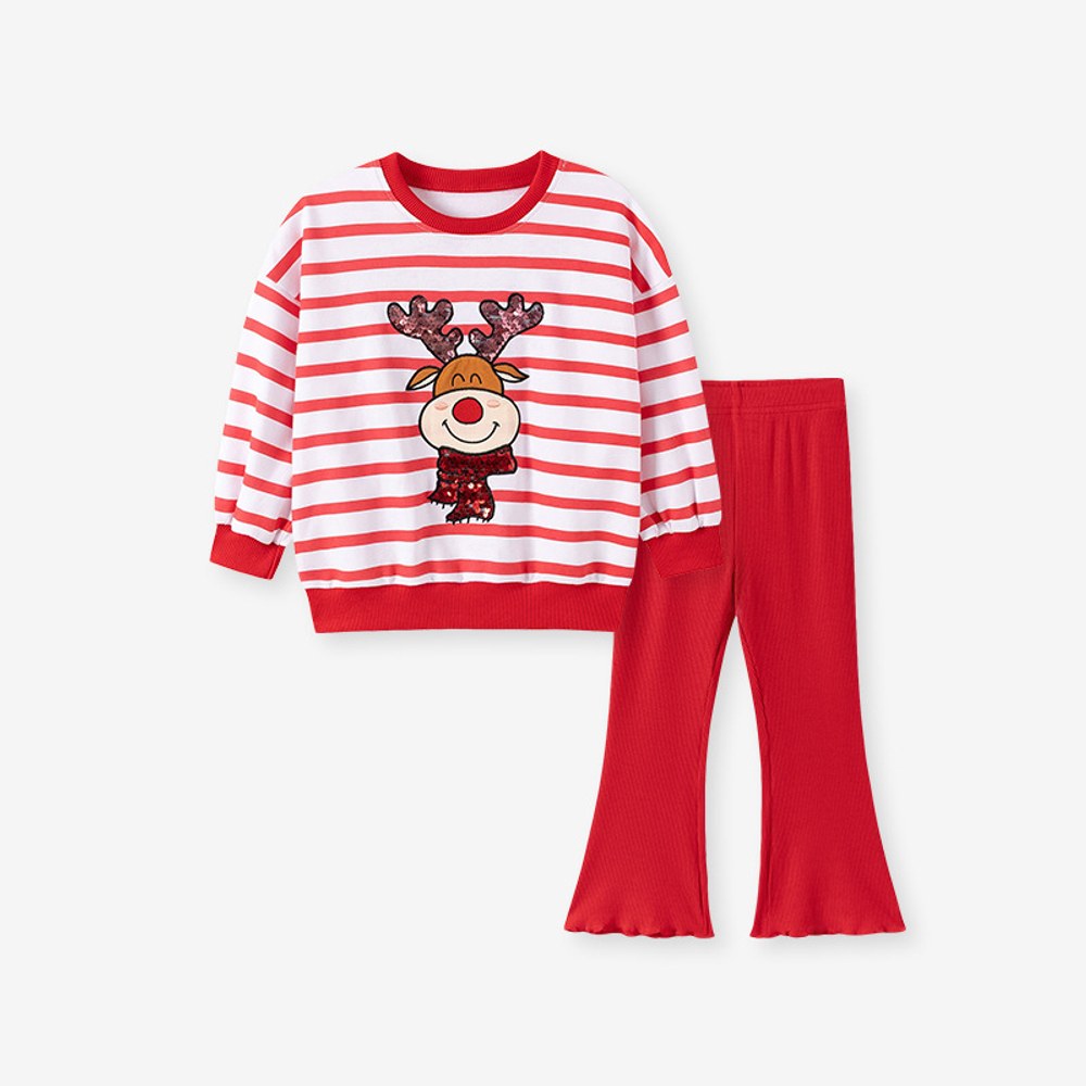 Christmas Baby Kids Girls Cartoon Pattern Long Sleeves Sweatshirt and Flared Pants 2-piece Clothing Set