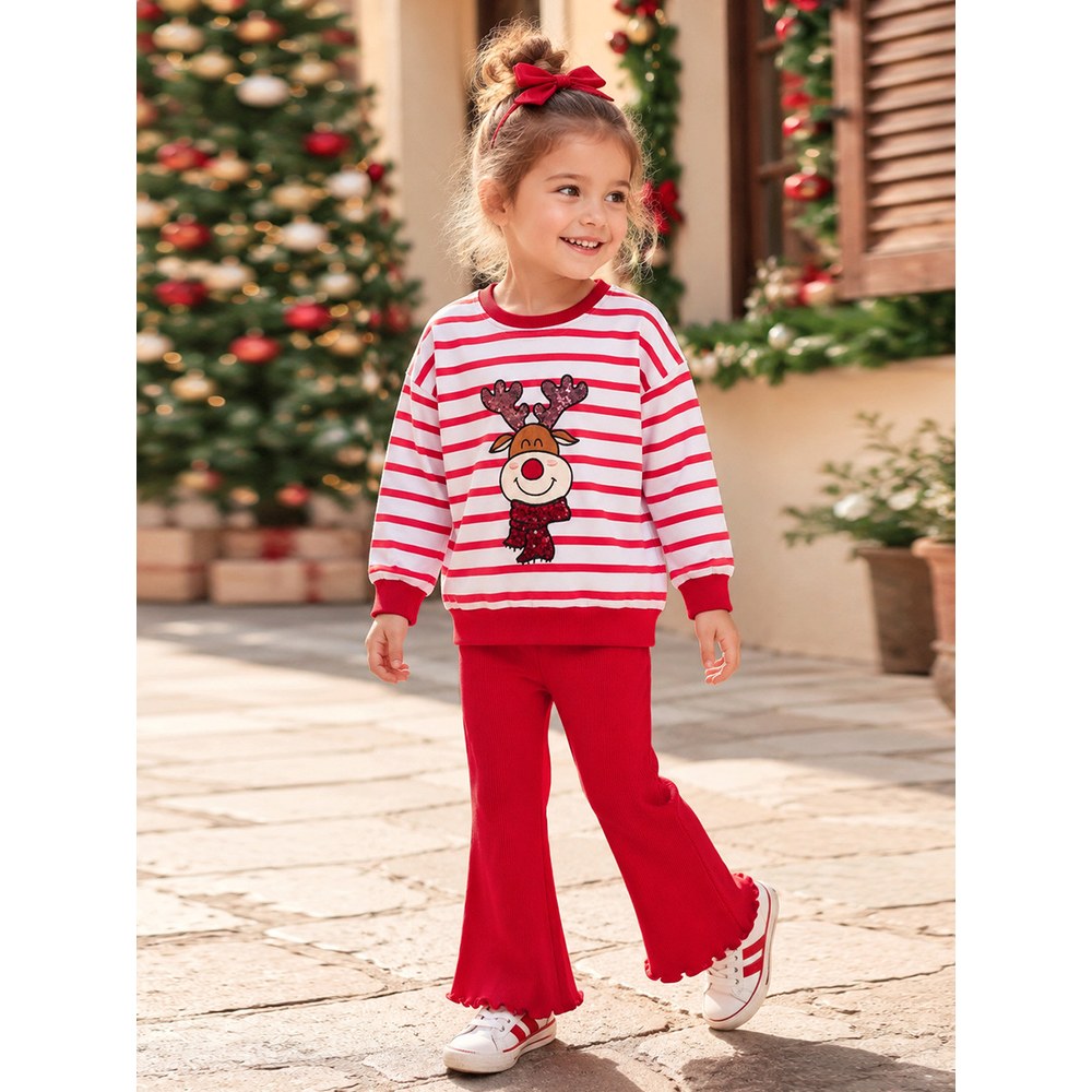 Christmas Baby Kids Girls Cartoon Pattern Long Sleeves Sweatshirt and Flared Pants 2-piece Clothing Set