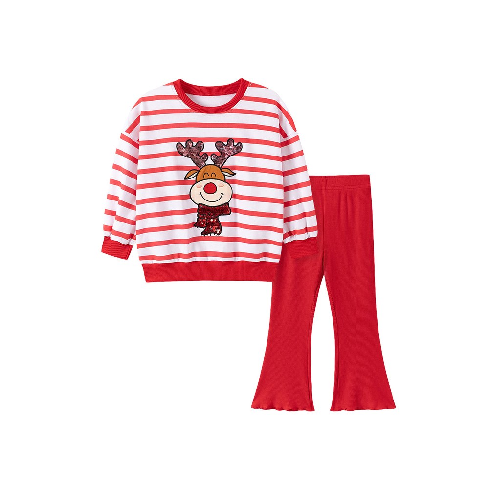 Christmas Baby Kids Girls Cartoon Pattern Long Sleeves Sweatshirt and Flared Pants 2-piece Clothing Set
