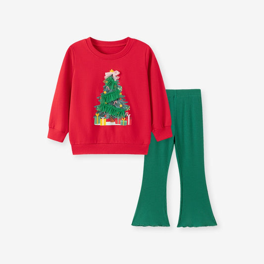 Baby Kids Girls Christmas Tree Pattern Long Sleeves Sweatshirt and Flared Pants 2-piece Clothing Set