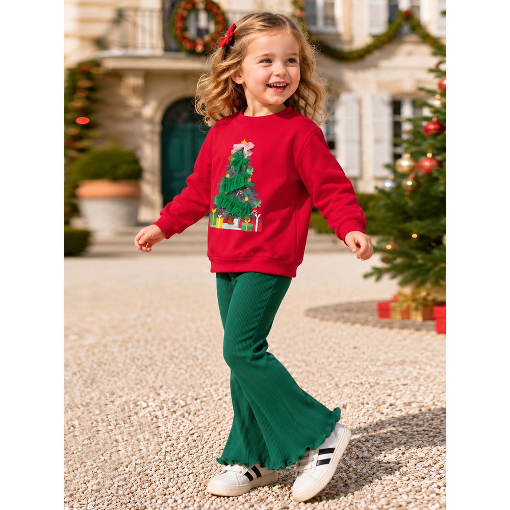 Baby Kids Girls Christmas Tree Pattern Long Sleeves Sweatshirt and Flared Pants 2-piece Clothing Set