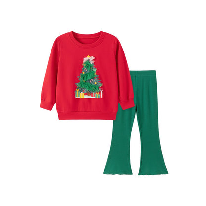 Baby Kids Girls Christmas Tree Pattern Long Sleeves Sweatshirt and Flared Pants 2-piece Clothing Set