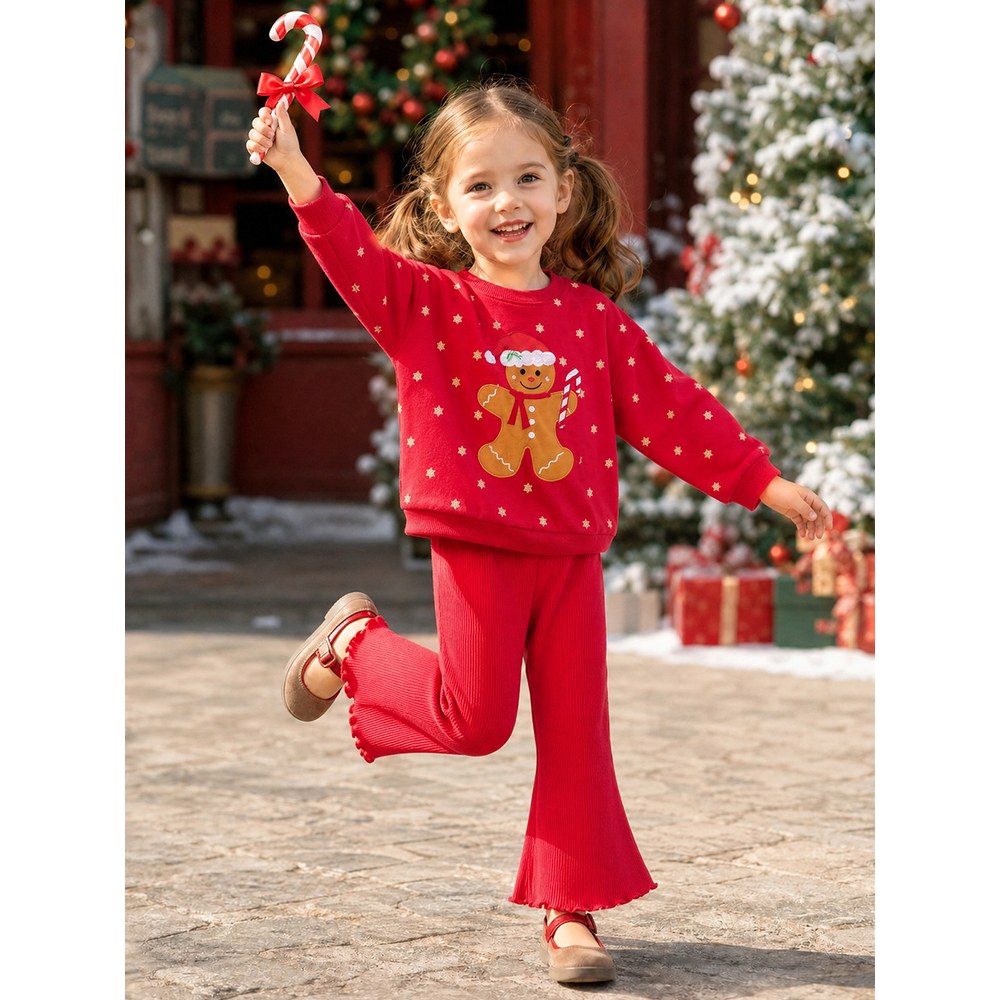 Baby Kids Girls Christmas Cartoon Pattern Long Sleeves Sweatshirt and Flared Pants 2-piece Clothing Set