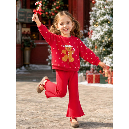 Baby Kids Girls Christmas Cartoon Pattern Long Sleeves Sweatshirt and Flared Pants 2-piece Clothing Set