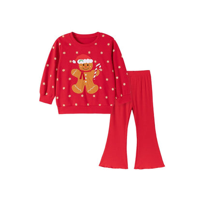 Baby Kids Girls Christmas Cartoon Pattern Long Sleeves Sweatshirt and Flared Pants 2-piece Clothing Set