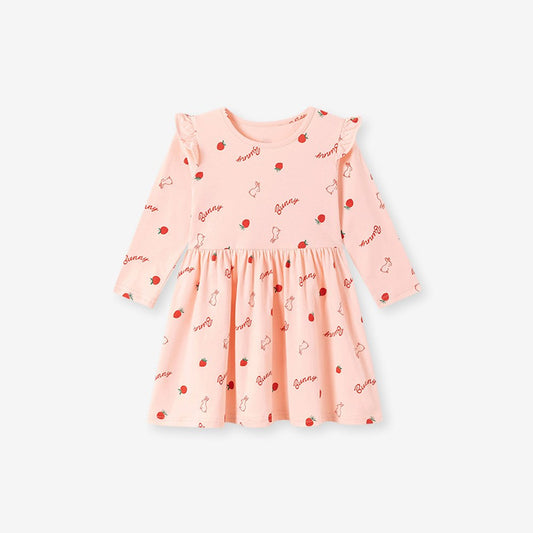 Baby Kids Girls Princess Fruits and Rabbits Pattern Long Sleeves Crew Neck Dress