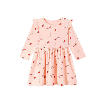 Baby Kids Girls Princess Fruits and Rabbits Pattern Long Sleeves Crew Neck Dress