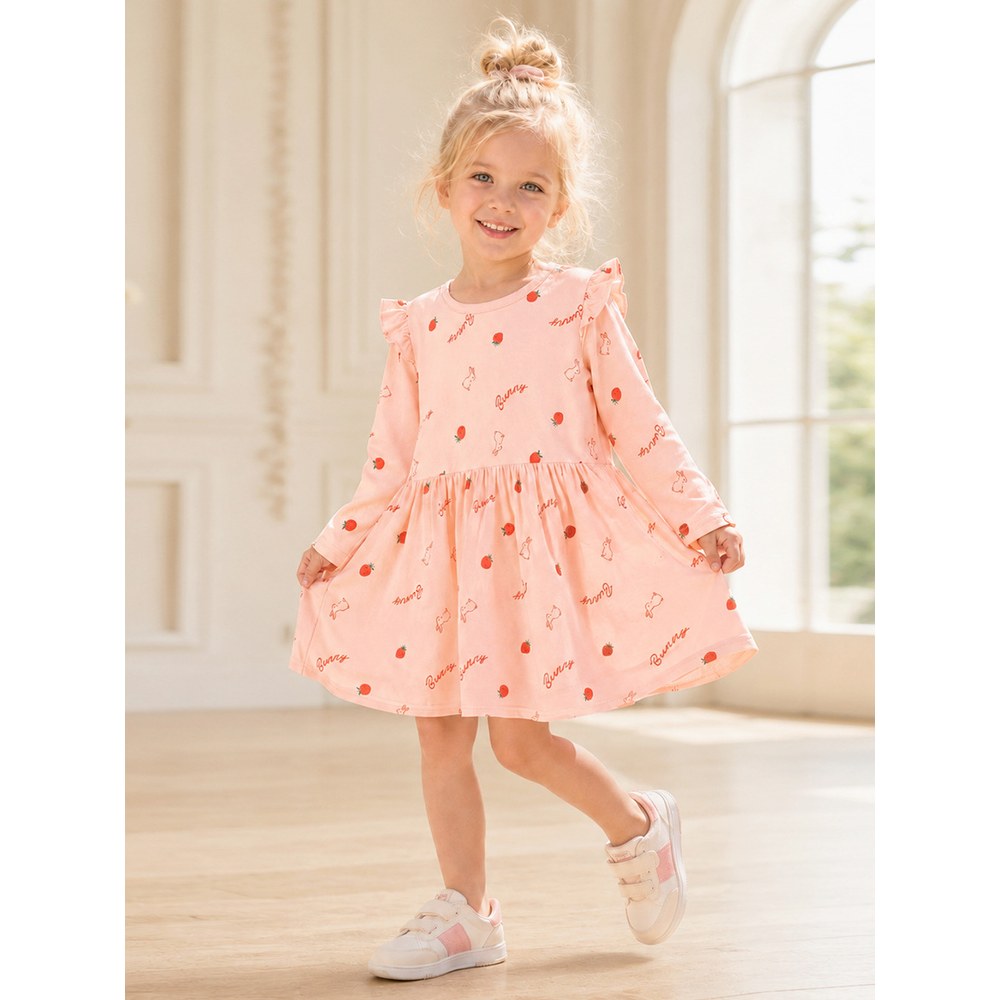 Baby Kids Girls Princess Fruits and Rabbits Pattern Long Sleeves Crew Neck Dress