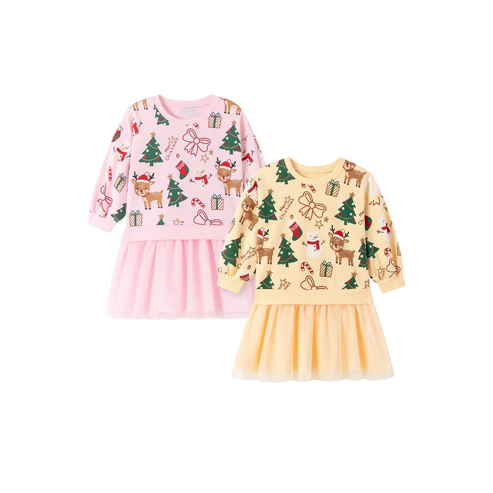 Baby Kids Girls Princess Christmas Cartoon Pattern Long Sleeves Dress